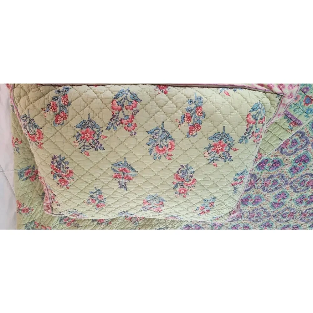 Soft Surroundings Cotton Quilt Reversible Green Purple Queen Sham Set